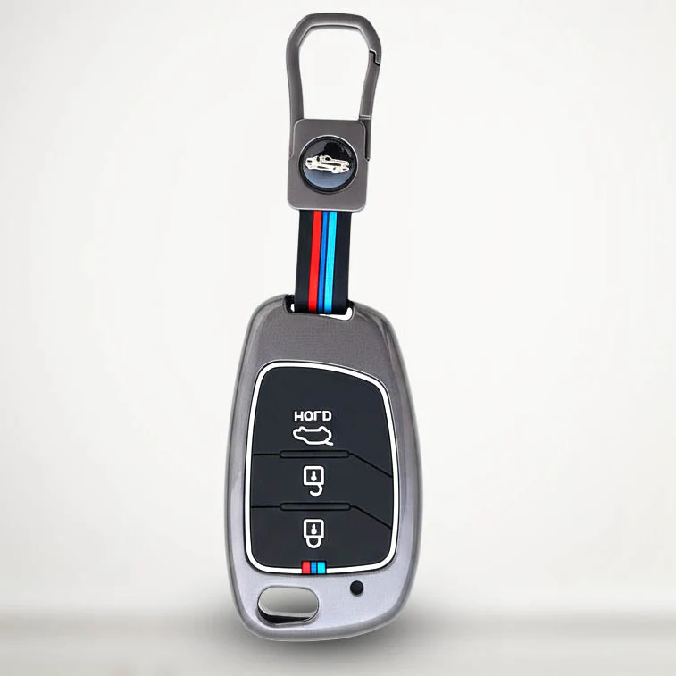 Metal Silicon Car Key Cover Compatible With Creta, Venue, Aura, i20,Grand i10 Nios, Xcent | 3 Button Flip Key - Image 2