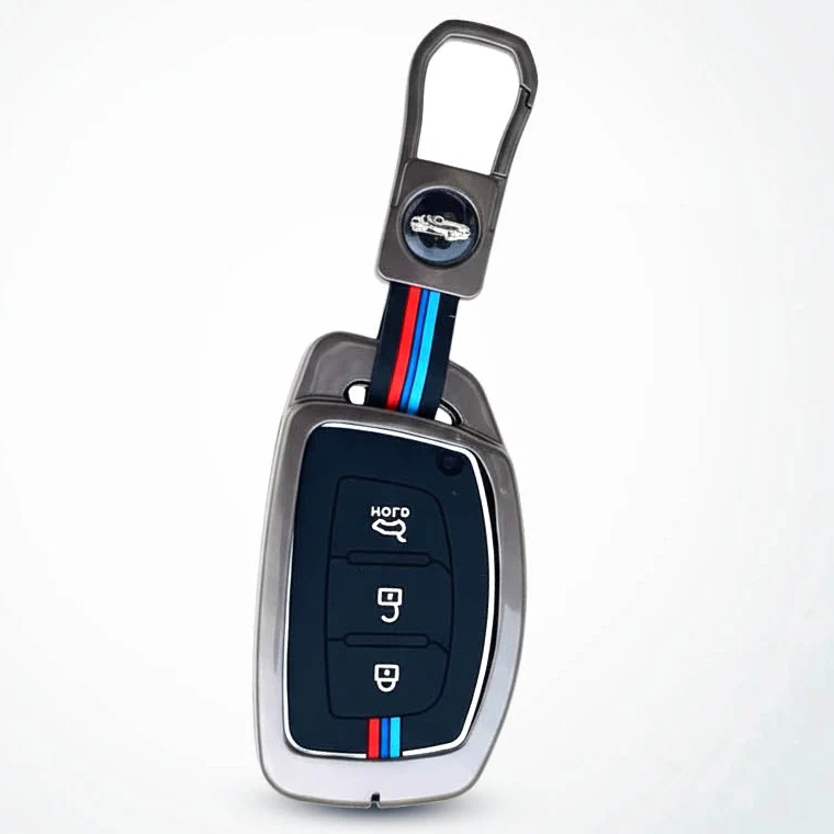 Metal Silicon Car Key Cover Compatible with Grand i10 NIOS Asta, Venue, i20, Aura, Creta, Elantra | 3 Button Smart Key - Image 2