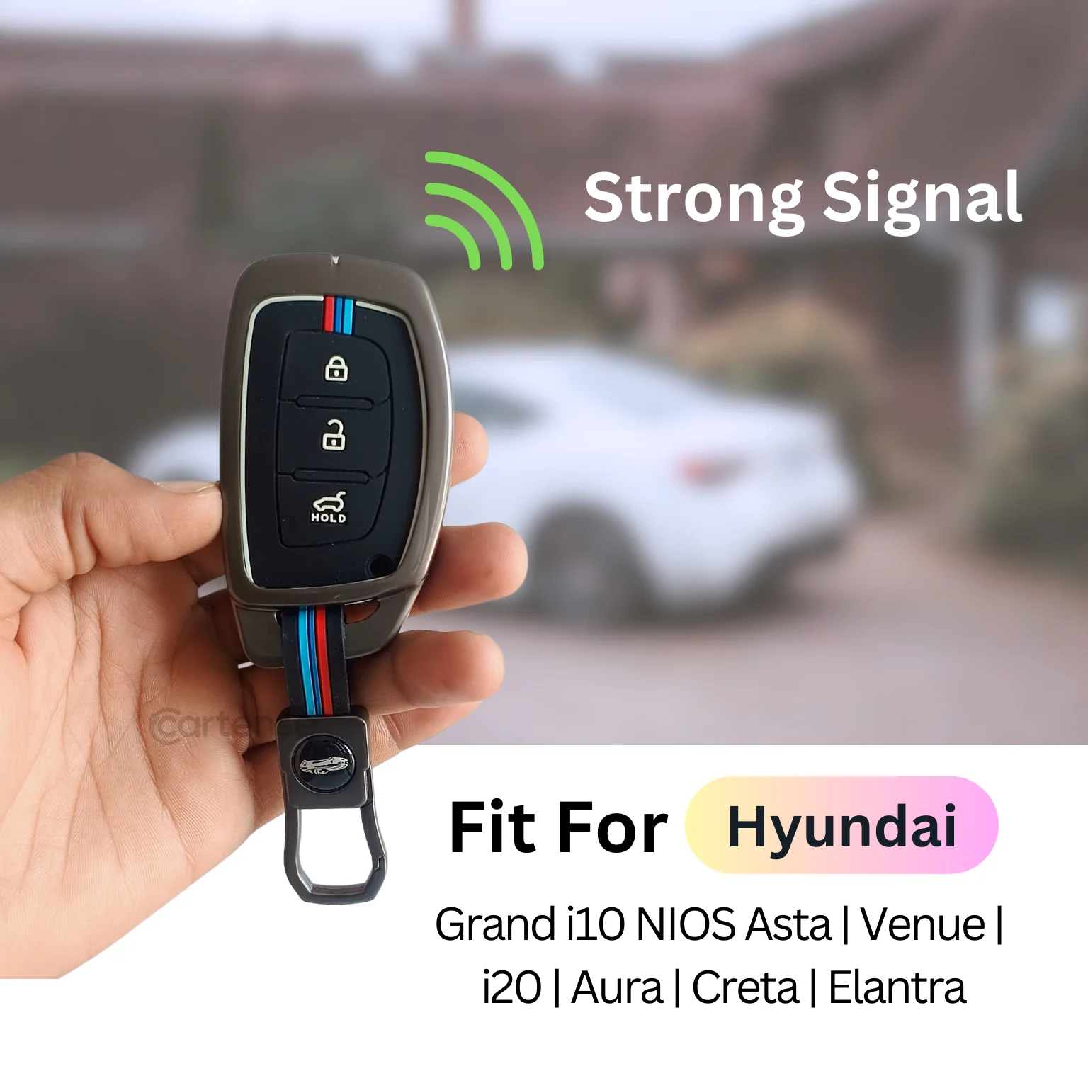 Metal Silicon Car Key Cover Compatible with Grand i10 NIOS Asta, Venue, i20, Aura, Creta, Elantra | 3 Button Smart Key - Image 4