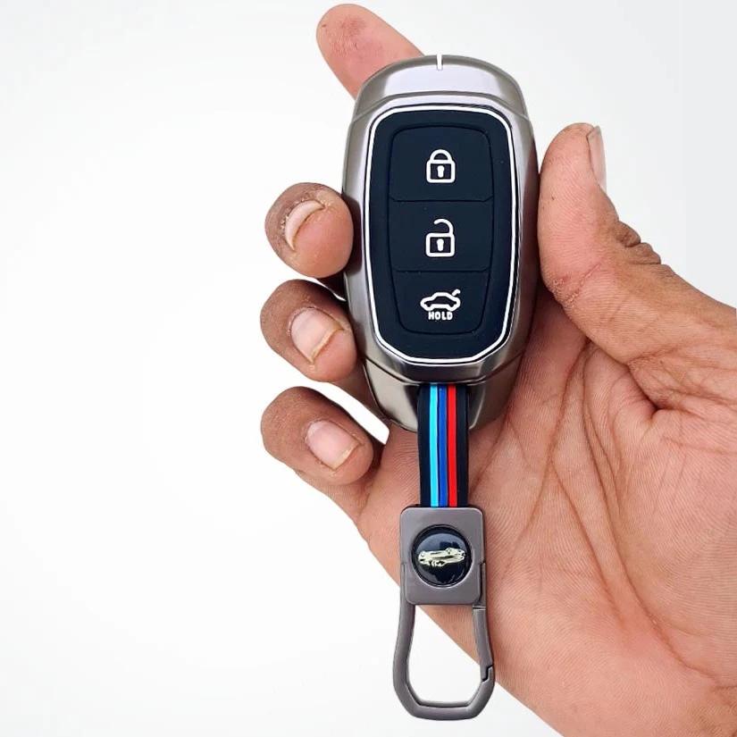 Metal Silicon Car Key Cover Compatible With Verna, i20 Asta | 3 Button Smart Key
