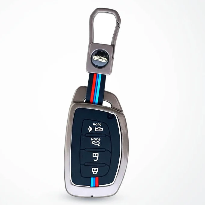 Metal Silicon Car Key Cover Compatible With Creta, Venue, i20 Tucson, Elantra | 4 Button Smart Key - Image 2