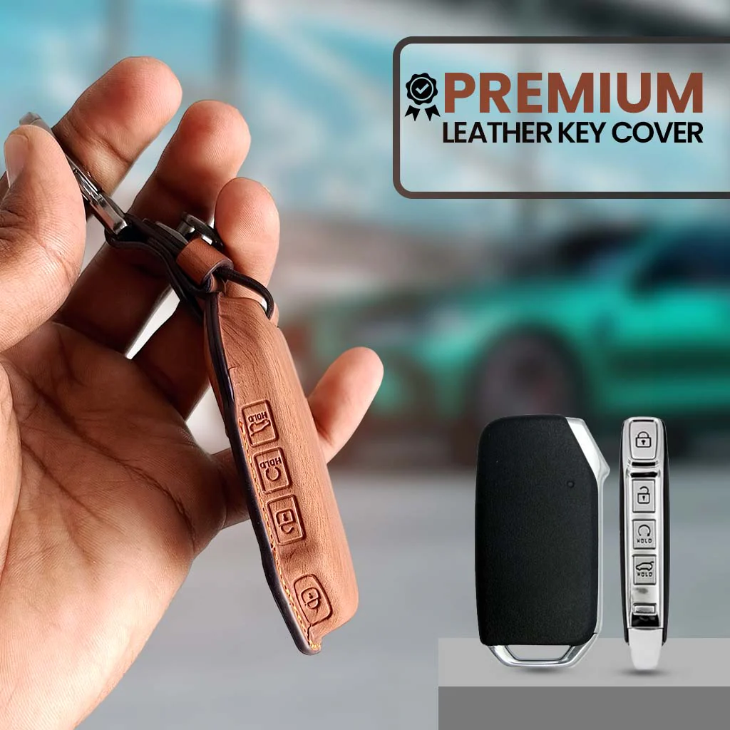 Leather Car Key Cover Compatible With Kia Seltos, Sonet 2023 | Push Start 4 Button Side Key - Image 3