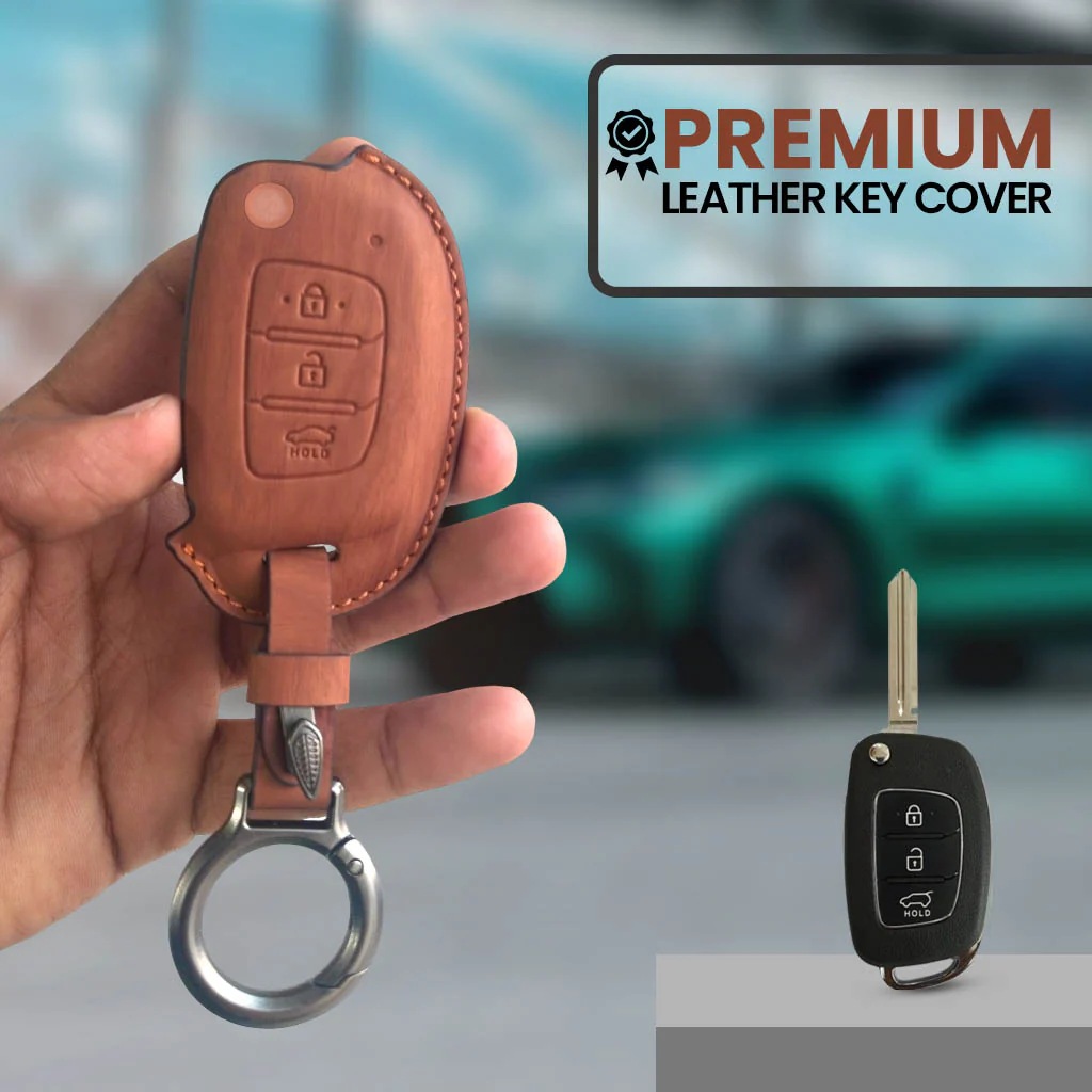 Leather Key Cover Compatible With Creta, Venue, Aura, i20,Grand i10 Nios, Xcent | 3 Button Flip Key