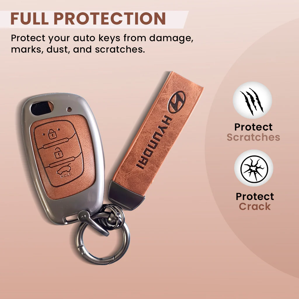Metal Leather Car Key Cover Compatible With Creta, Venue, Aura, i20,Grand i10 Nios, Xcent | 3 Button Flip Key - Image 2