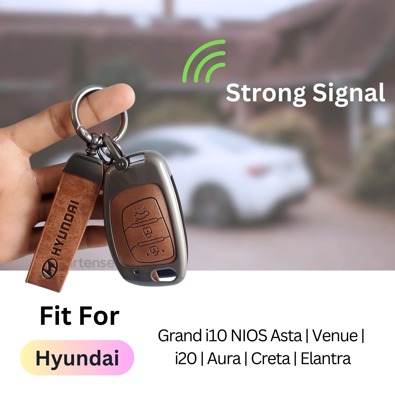 Metal Leather Car Key Cover Compatible With Creta, Venue, Aura, i20,Grand i10 Nios, Xcent | 3 Button Flip Key - Image 3
