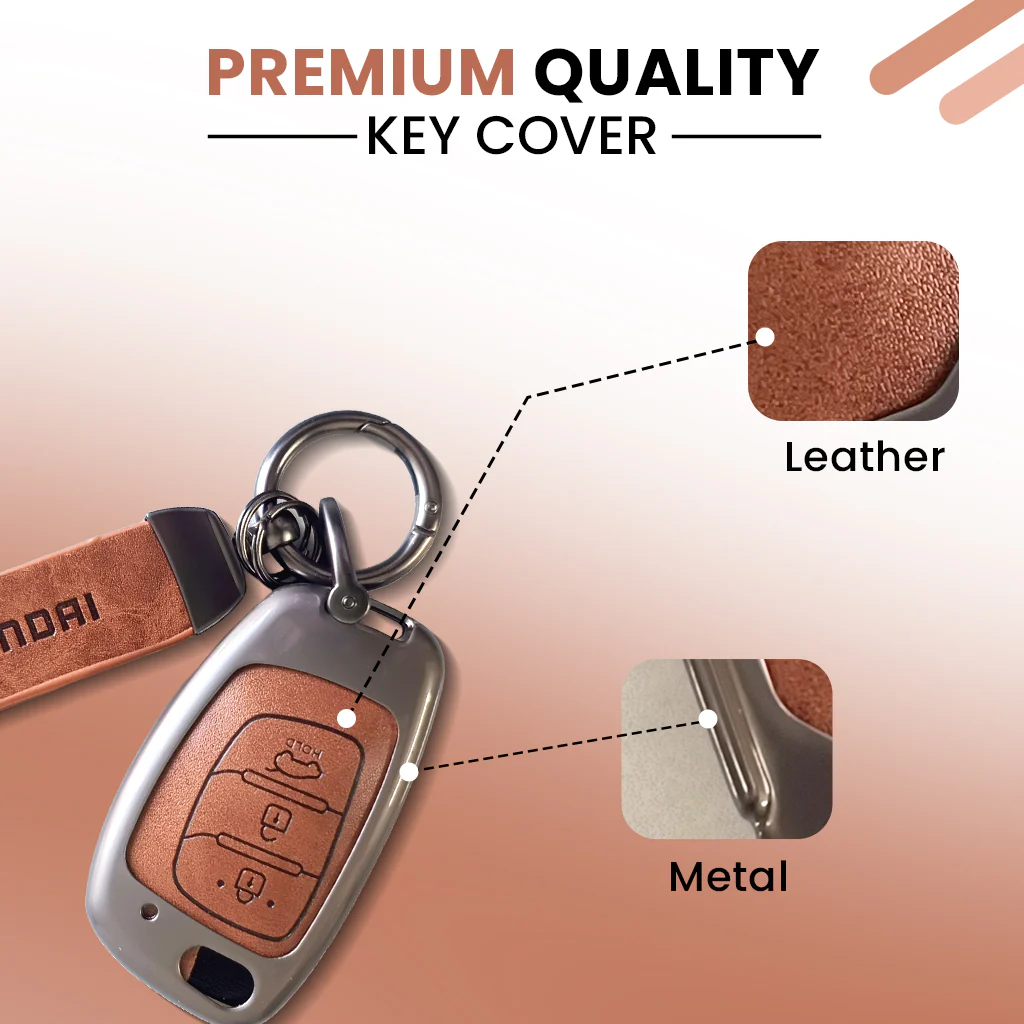 Metal Leather Car Key Cover Compatible With Creta, Venue, Aura, i20,Grand i10 Nios, Xcent | 3 Button Flip Key - Image 4