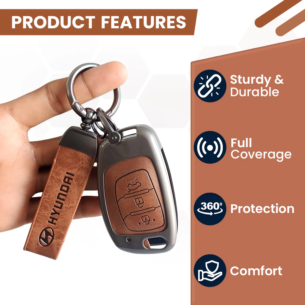 Metal Leather Car Key Cover Compatible With Creta, Venue, Aura, i20,Grand i10 Nios, Xcent | 3 Button Flip Key - Image 5