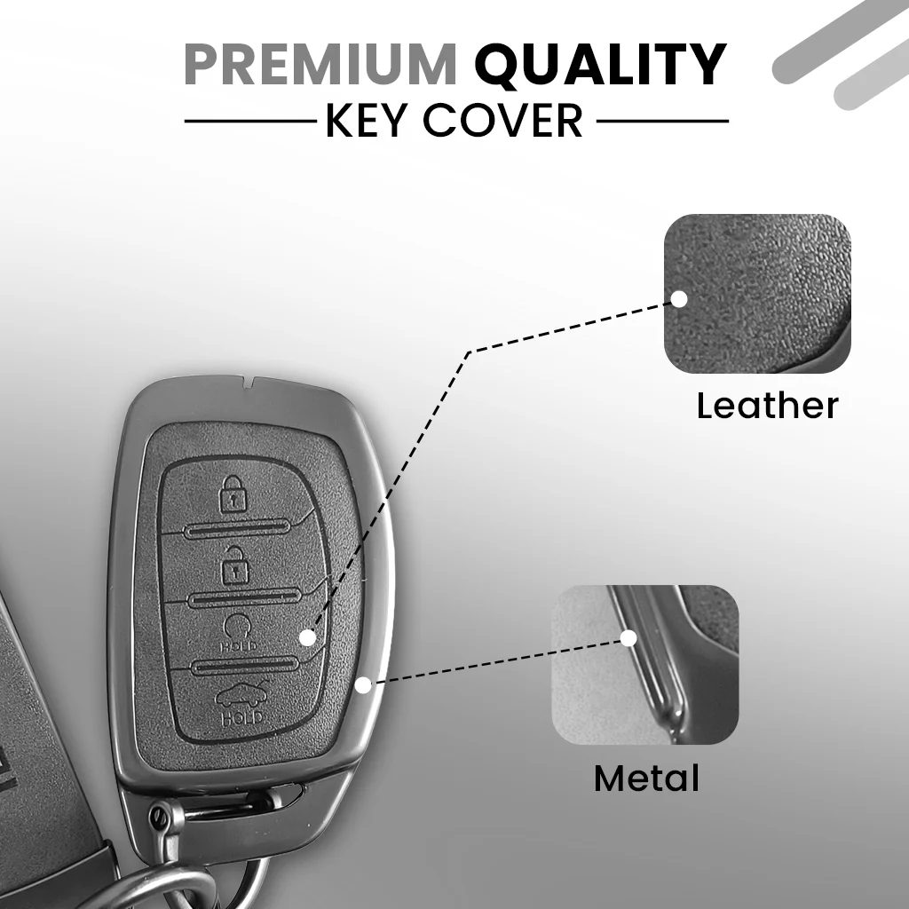 Metal Leather Car Key Cover Compatible With Creta, Venue, i20 Tucson, Elantra, Alcazar, Creta, Tucson | 4 Button Smart Key - Image 4