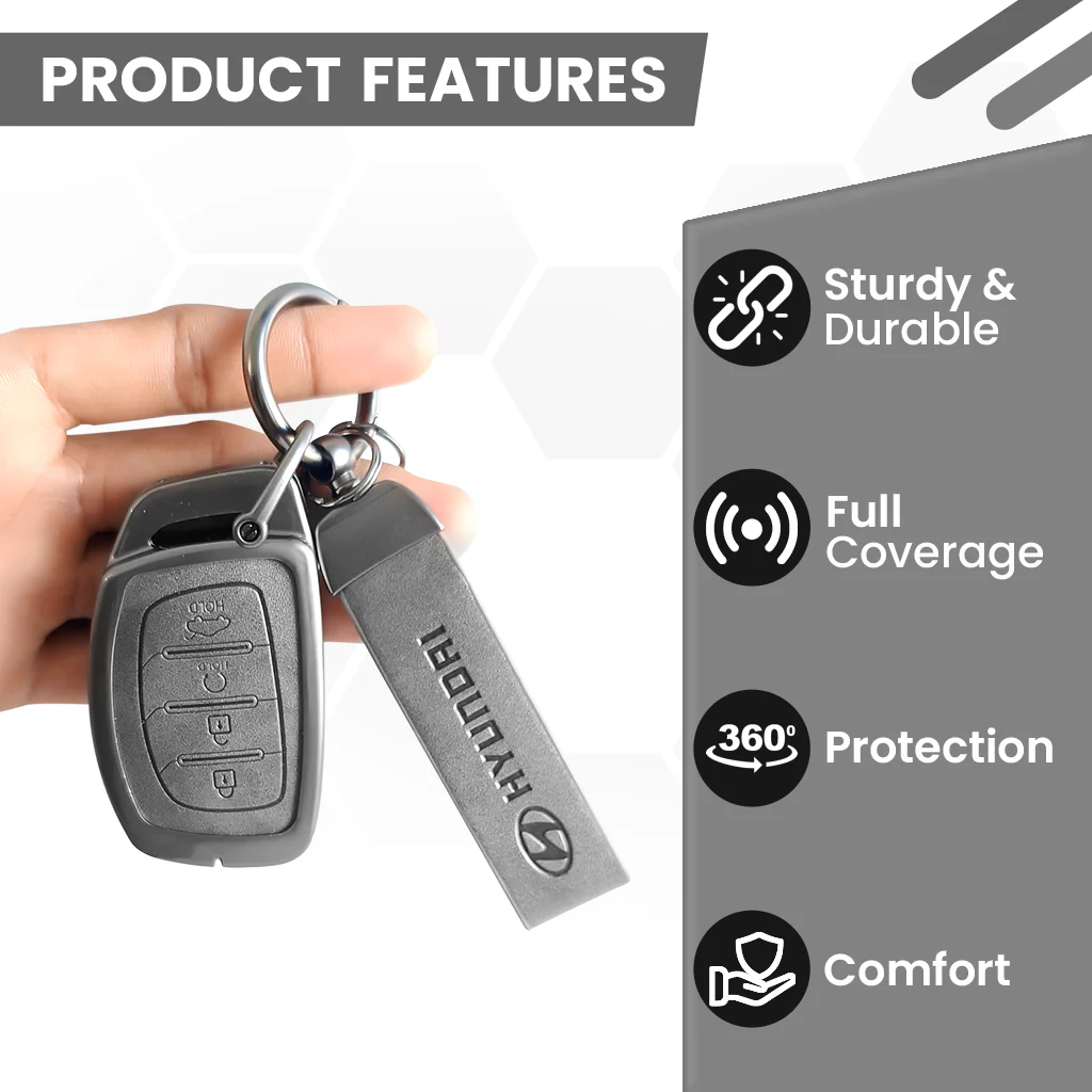 Metal Leather Car Key Cover Compatible With Creta, Venue, i20 Tucson, Elantra, Alcazar, Creta, Tucson | 4 Button Smart Key - Image 5