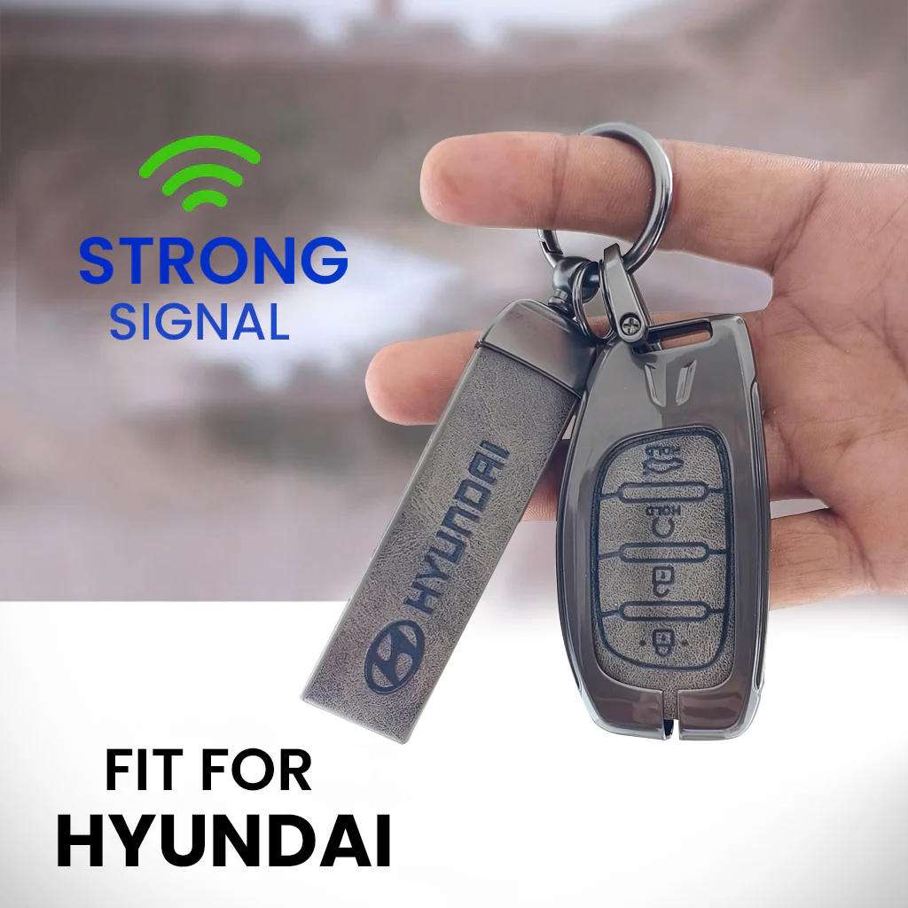 Metal Leather Car Key Cover Compatible With Creta, Venue, i20 Tucson, Elantra, Alcazar, Creta, Tucson | 4 Button Smart Key - Image 6