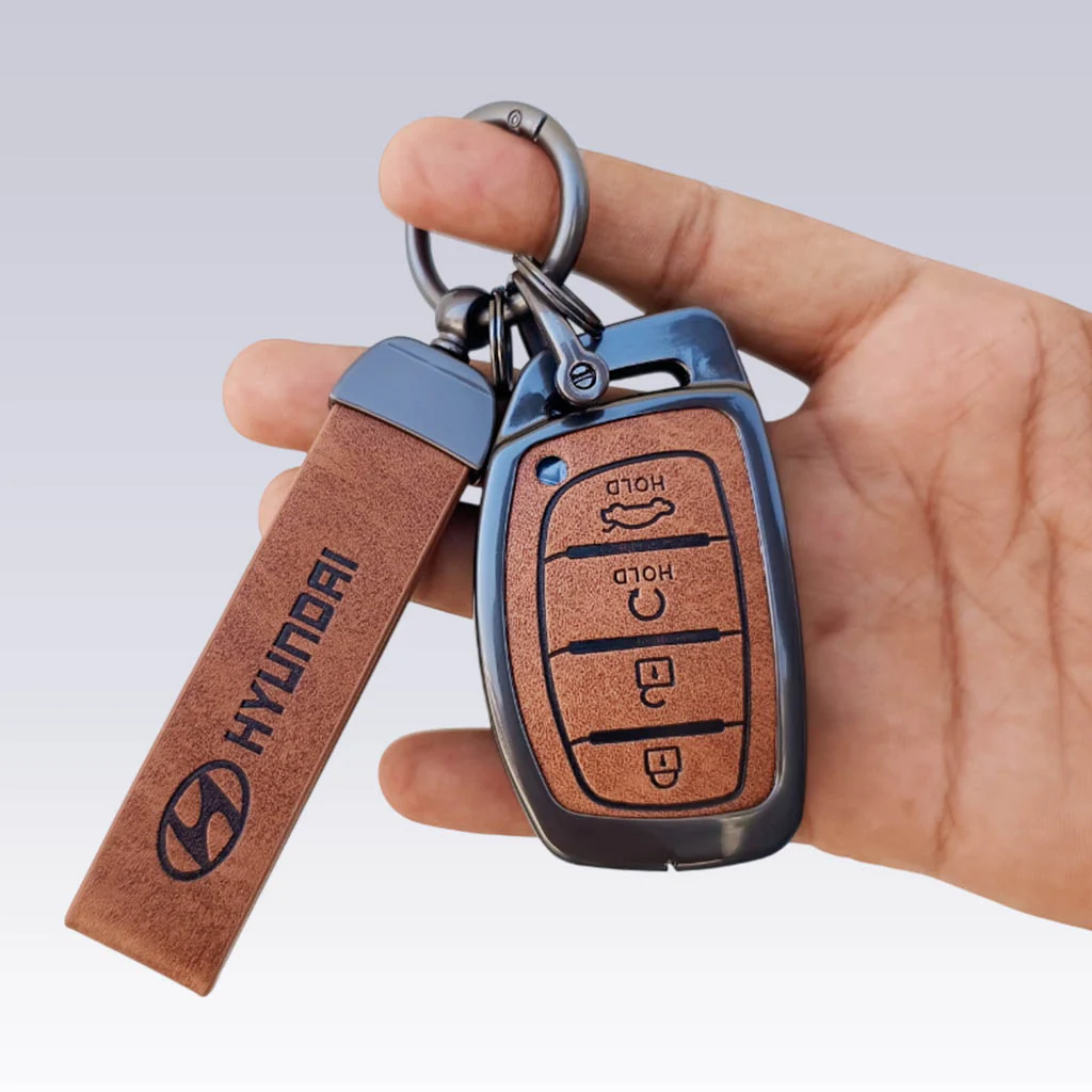 Metal Leather Car Key Cover Compatible With Creta, Venue, i20 Tucson, Elantra, Alcazar, Creta, Tucson | 4 Button Smart Key