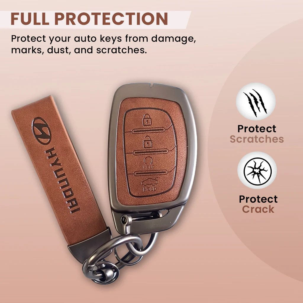 Metal Leather Car Key Cover Compatible With Creta, Venue, i20 Tucson, Elantra, Alcazar, Creta, Tucson | 4 Button Smart Key - Image 3