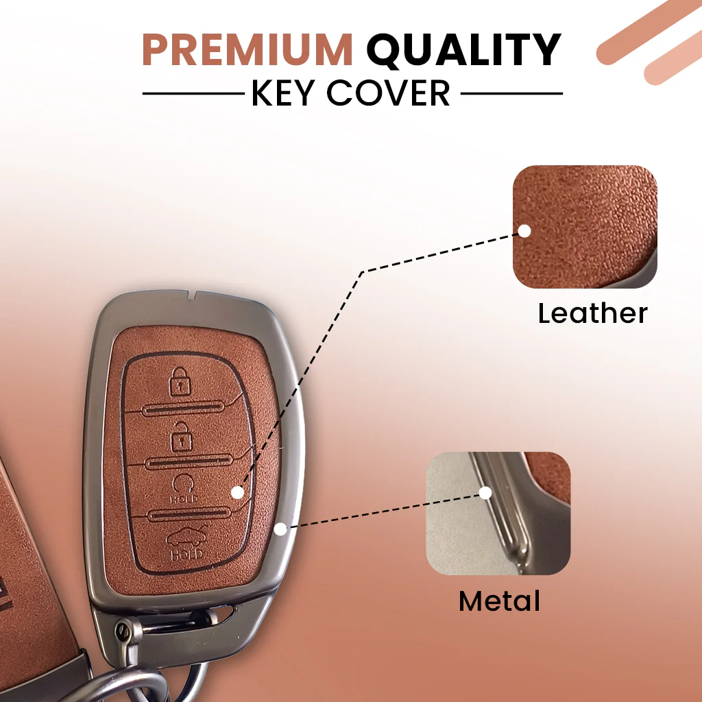Metal Leather Car Key Cover Compatible With Creta, Venue, i20 Tucson, Elantra, Alcazar, Creta, Tucson | 4 Button Smart Key - Image 4