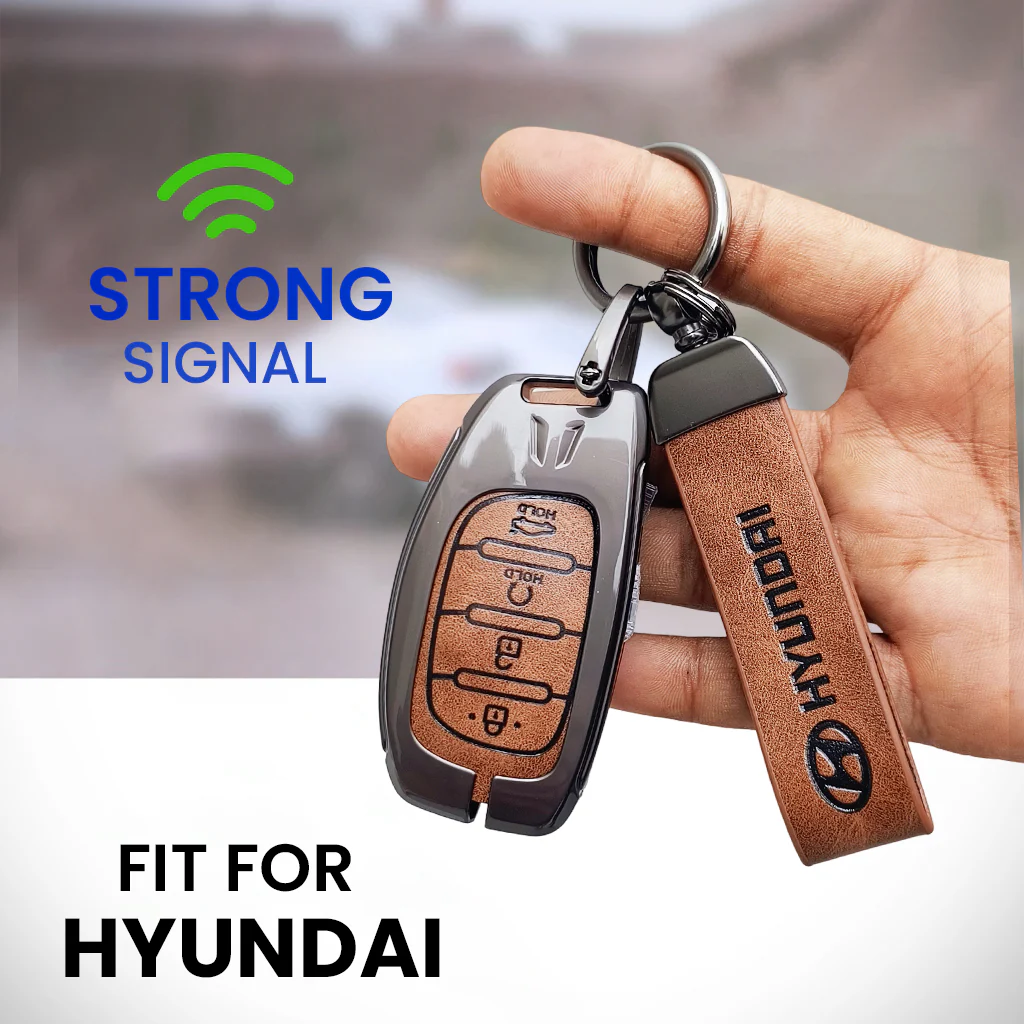 Metal Leather Car Key Cover Compatible With Creta, Venue, i20 Tucson, Elantra, Alcazar, Creta, Tucson | 4 Button Smart Key - Image 5