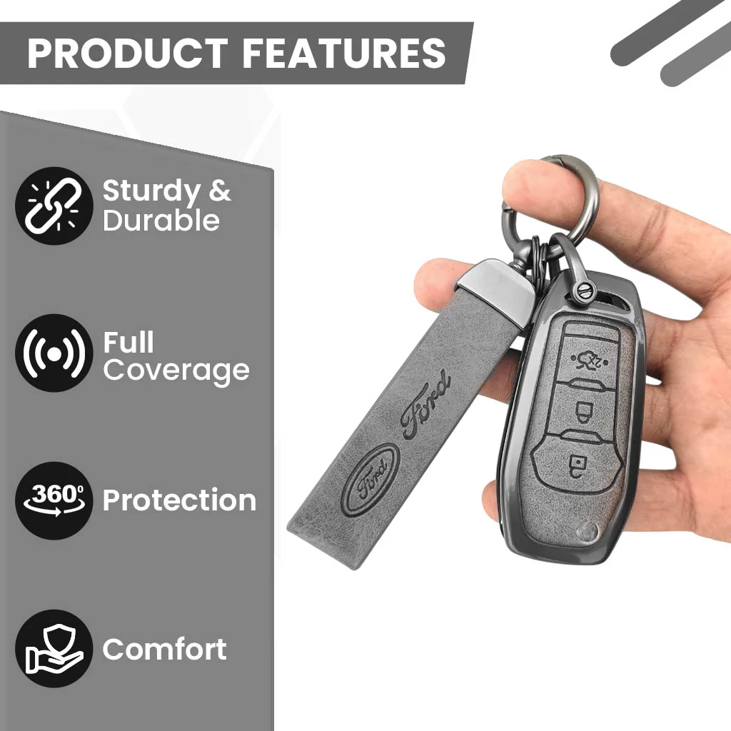 Metal Leather Car Key Cover Compatible with Figo, Aspire, Endeavour | 3 Button Flip Key - Image 4