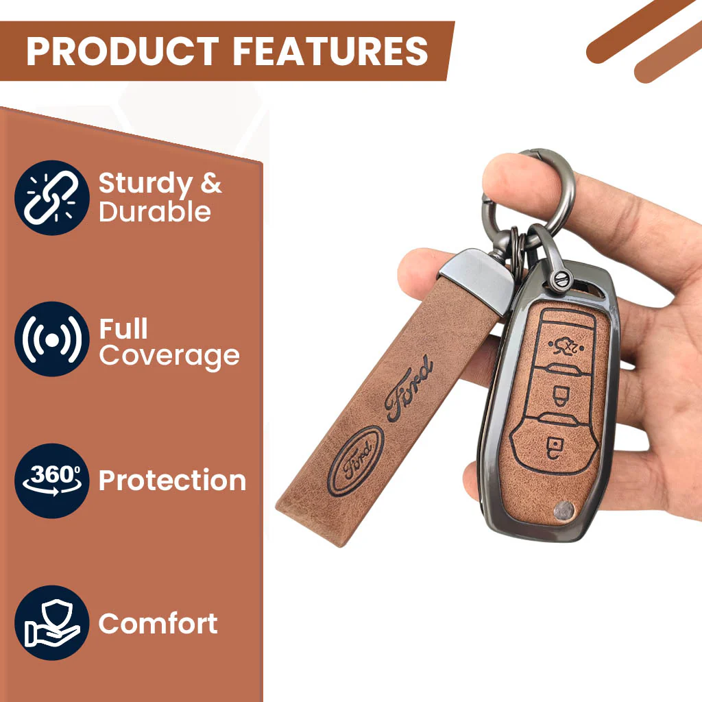 Metal Leather Car Key Cover Compatible with Figo, Aspire, Endeavour | 3 Button Flip Key - Image 3