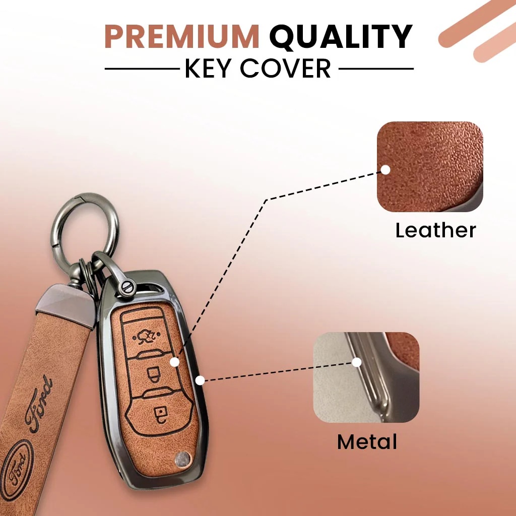 Metal Leather Car Key Cover Compatible with Figo, Aspire, Endeavour | 3 Button Flip Key - Image 4