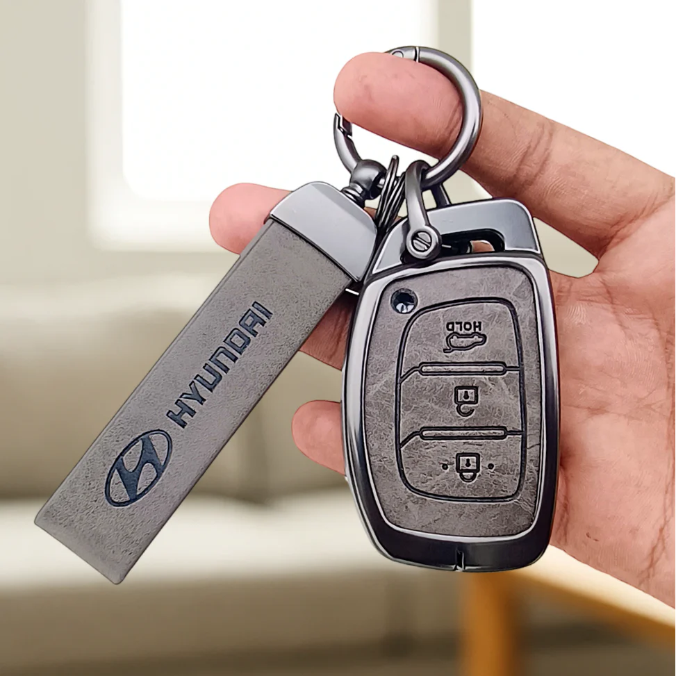 Metal Leather Car Key Cover Compatible with Grand i10 NIOS Asta, Venue, i20, Aura, Creta, Elantra | 3 Button Smart Key