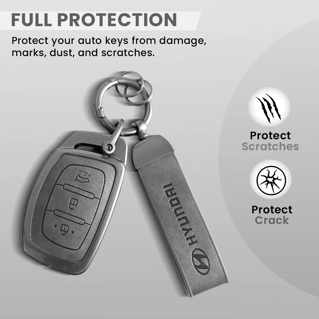 Metal Leather Car Key Cover Compatible with Grand i10 NIOS Asta, Venue, i20, Aura, Creta, Elantra | 3 Button Smart Key - Image 2
