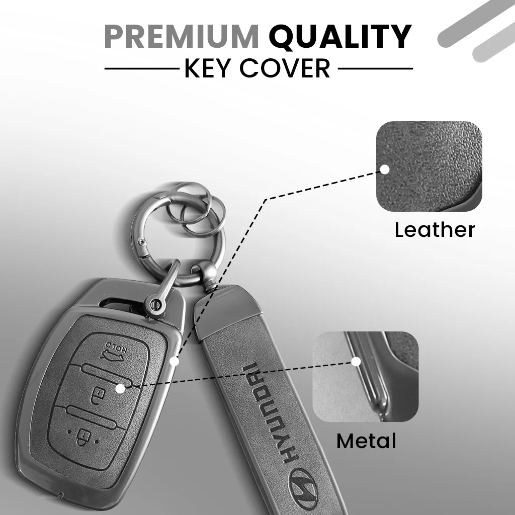 Metal Leather Car Key Cover Compatible with Grand i10 NIOS Asta, Venue, i20, Aura, Creta, Elantra | 3 Button Smart Key - Image 4