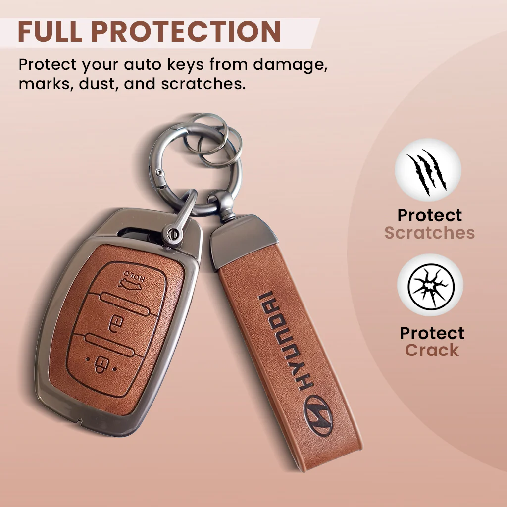 Metal Leather Car Key Cover Compatible with Grand i10 NIOS Asta, Venue, i20, Aura, Creta, Elantra | 3 Button Smart Key - Image 2