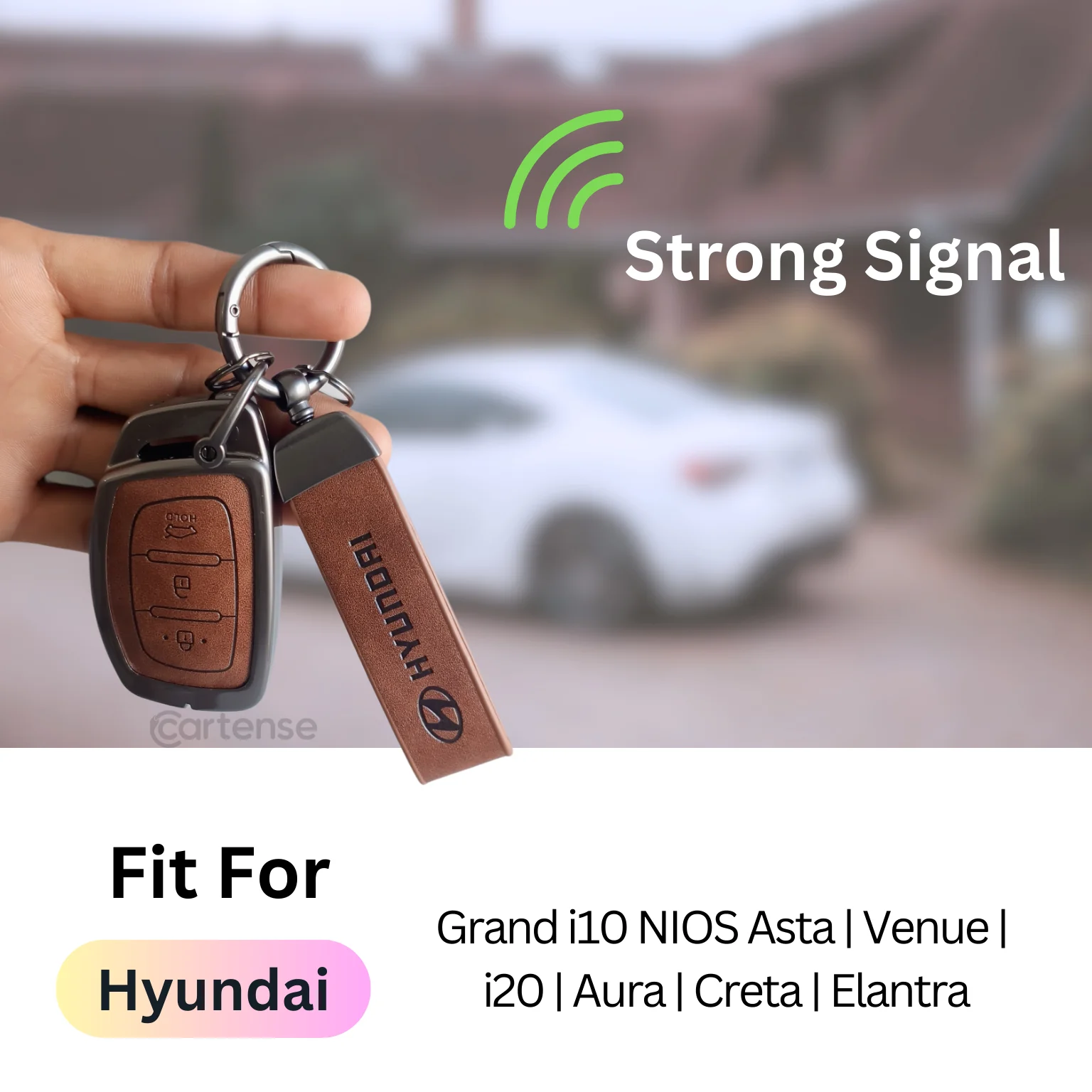 Metal Leather Car Key Cover Compatible with Grand i10 NIOS Asta, Venue, i20, Aura, Creta, Elantra | 3 Button Smart Key - Image 3