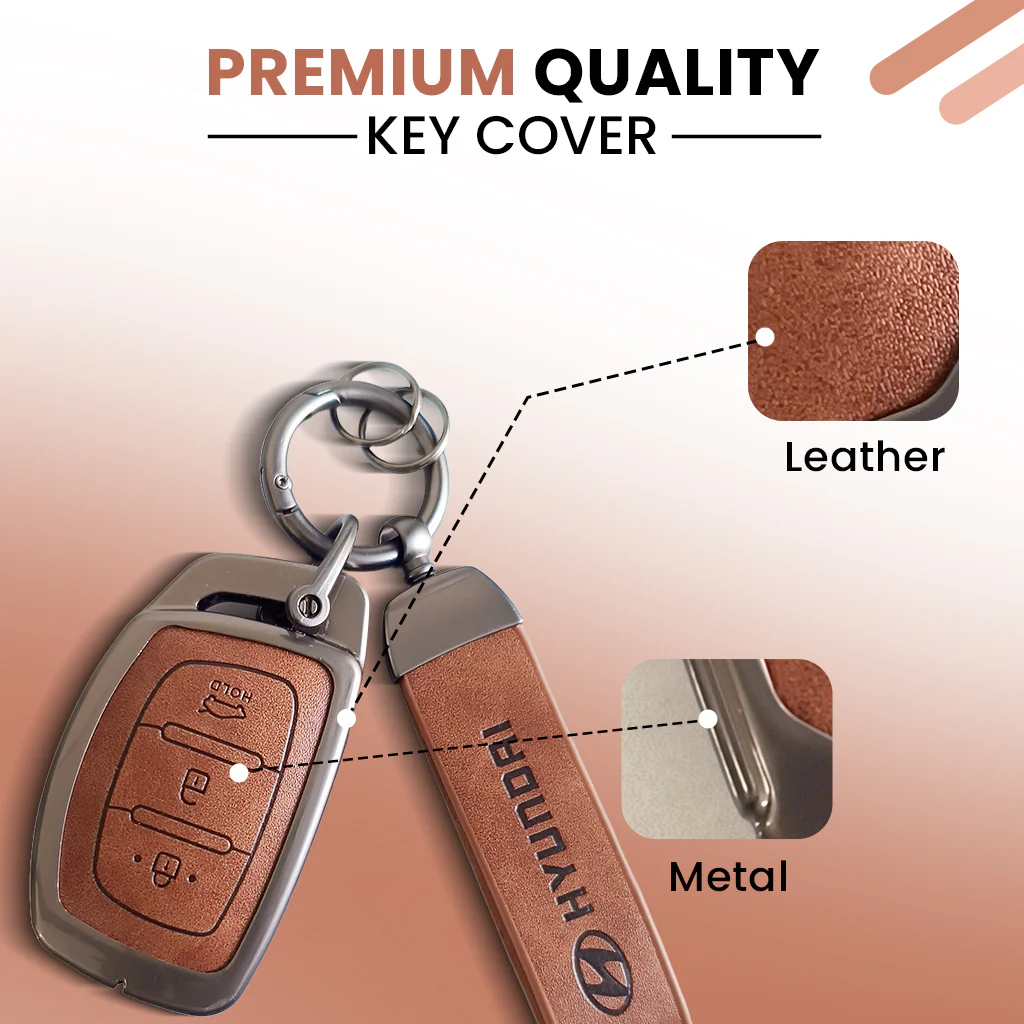 Metal Leather Car Key Cover Compatible with Grand i10 NIOS Asta, Venue, i20, Aura, Creta, Elantra | 3 Button Smart Key - Image 4