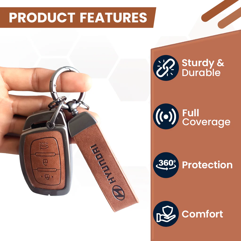 Metal Leather Car Key Cover Compatible with Grand i10 NIOS Asta, Venue, i20, Aura, Creta, Elantra | 3 Button Smart Key - Image 5