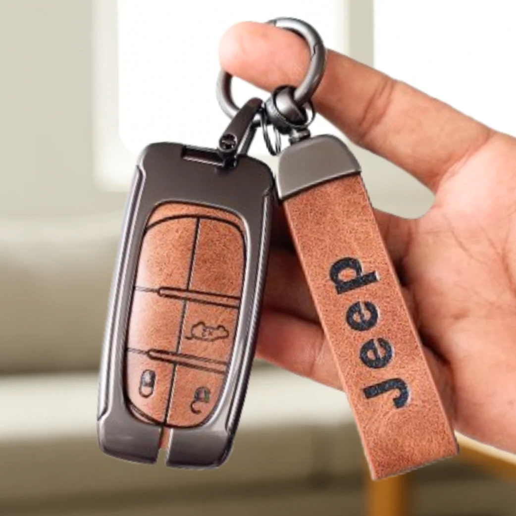 Metal Leather Car Key Cover Compatible With Jeep Compass | 3 Button Smart Key