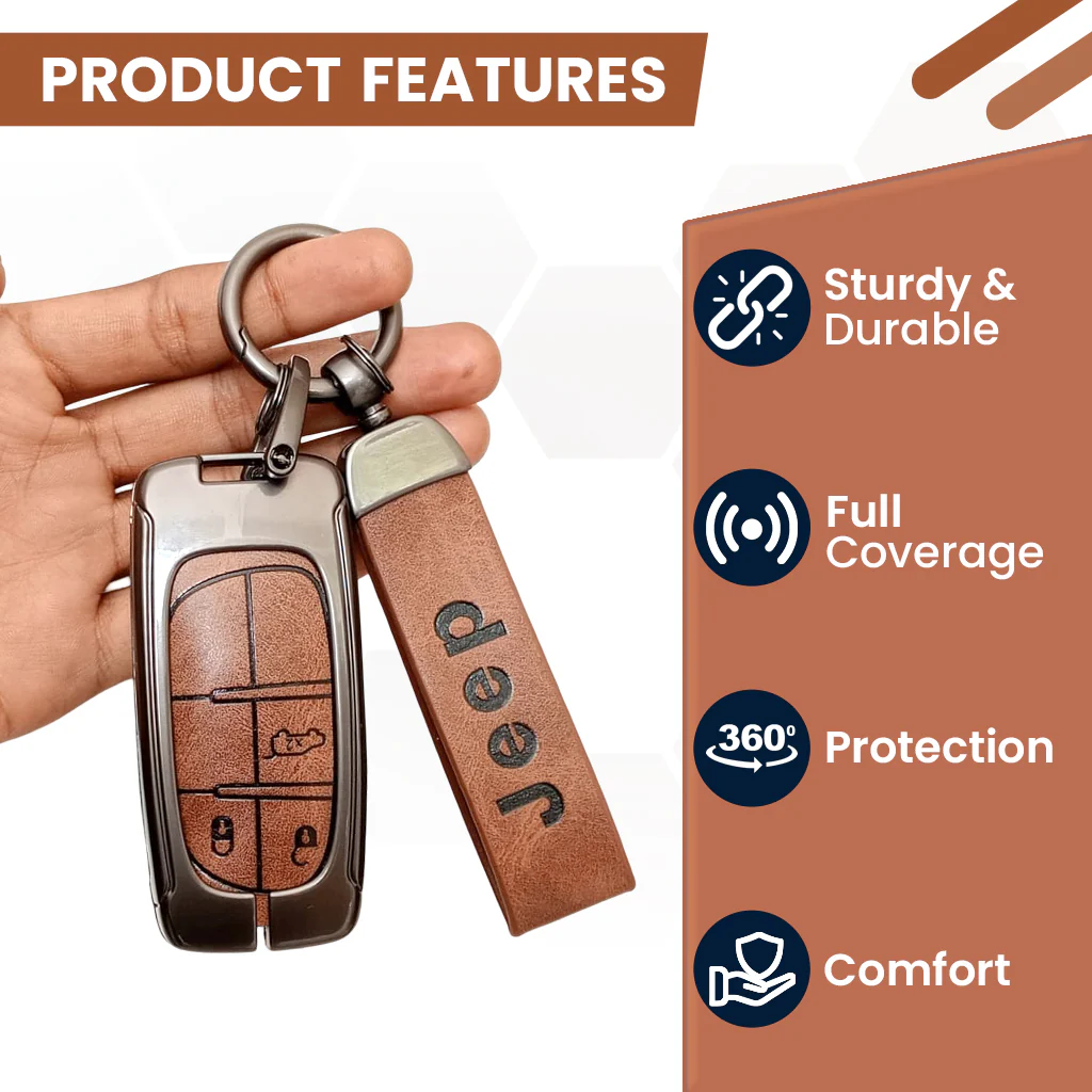 Metal Leather Car Key Cover Compatible With Jeep Compass | 3 Button Smart Key - Image 4