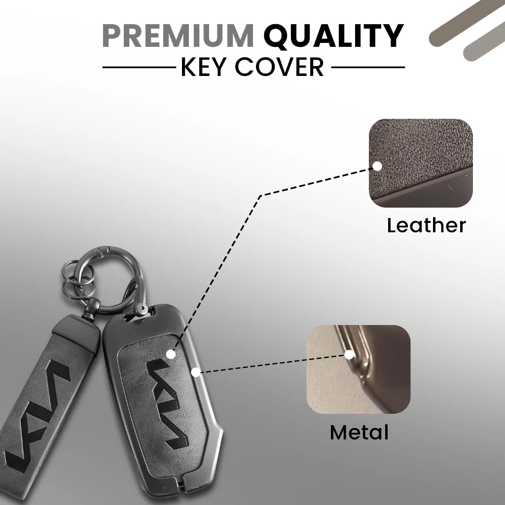 Metal Leather Car Key Cover Compatible With Kia Seltos, Sonet 2023 | Push Start 4 Button Side Key - Image 3