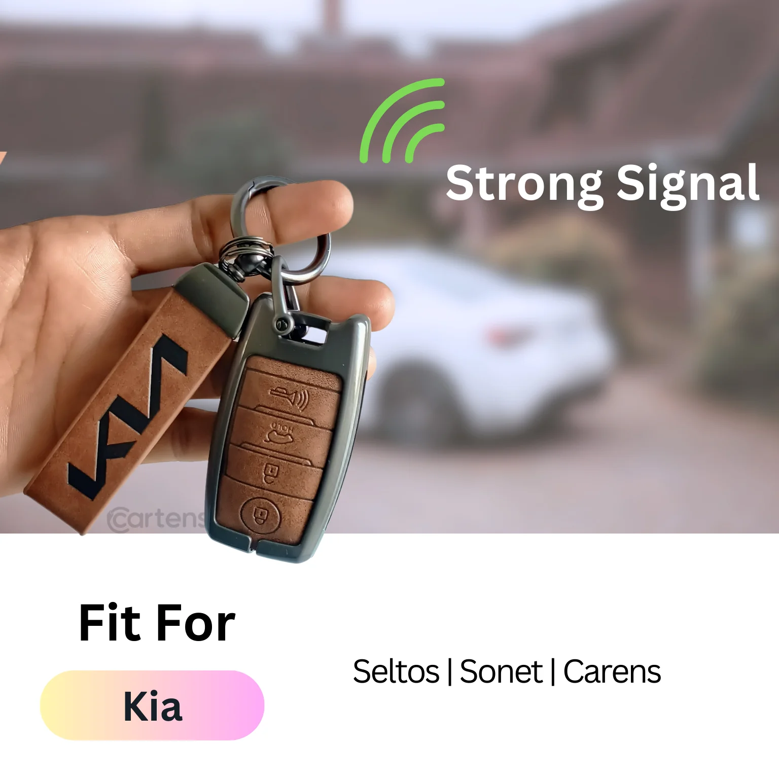 Metal Leather Car Key Cover Compatible With Kia Seltos, Sonet, Carens - 4 Button Smart Key - Push Start Only Key - 360° Shock-Proof Protection - Image 5