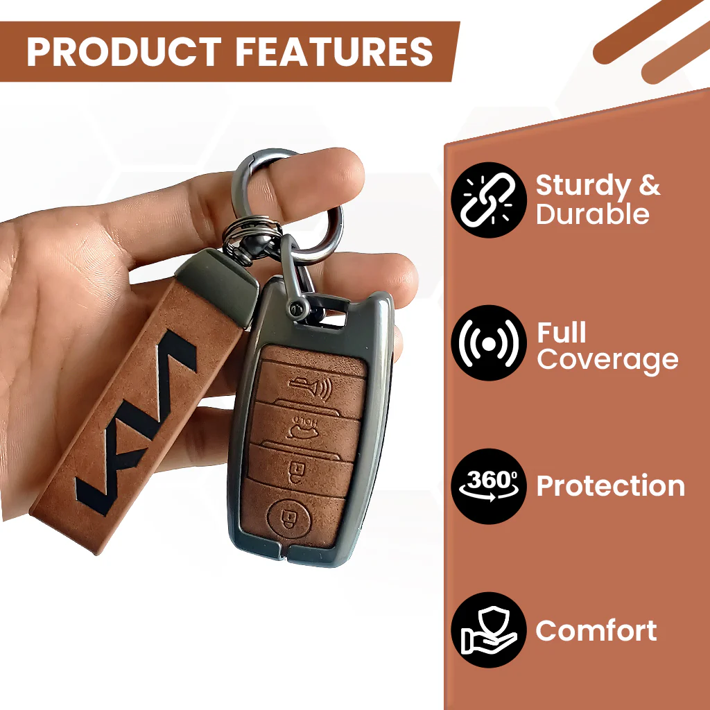 Metal Leather Car Key Cover Compatible With Kia Seltos, Sonet, Carens - 4 Button Smart Key - Push Start Only Key - 360° Shock-Proof Protection - Image 6