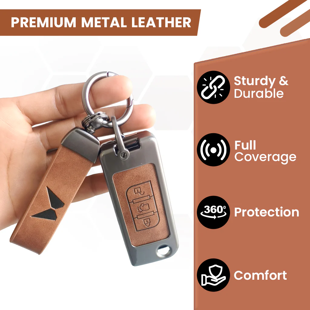 Metal Leather Car Key Cover Compatible With Mahindra XUV 500 | 3 Button Flip Key - Image 3
