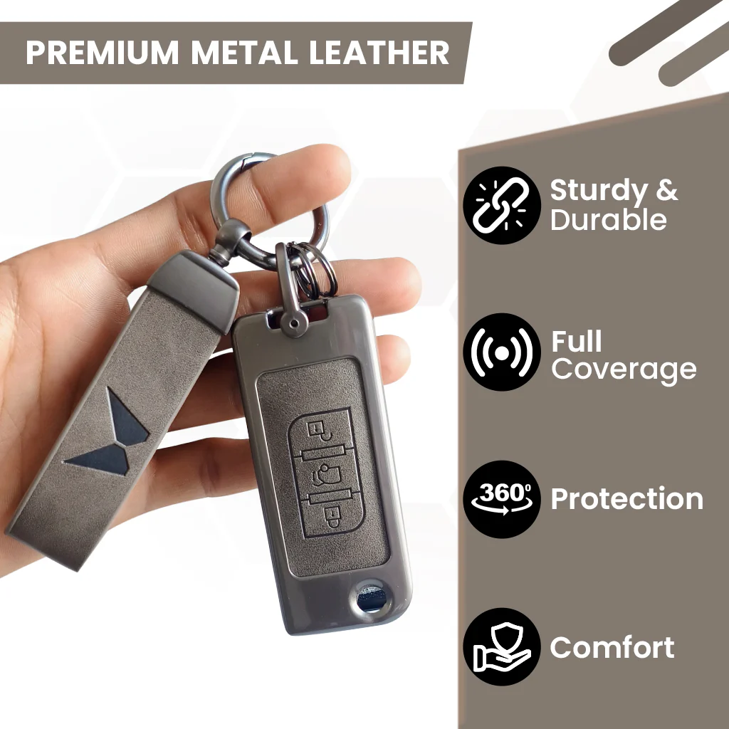 Metal Leather Car Key Cover Compatible With Mahindra XUV 500 | 3 Button Flip Key - Image 3