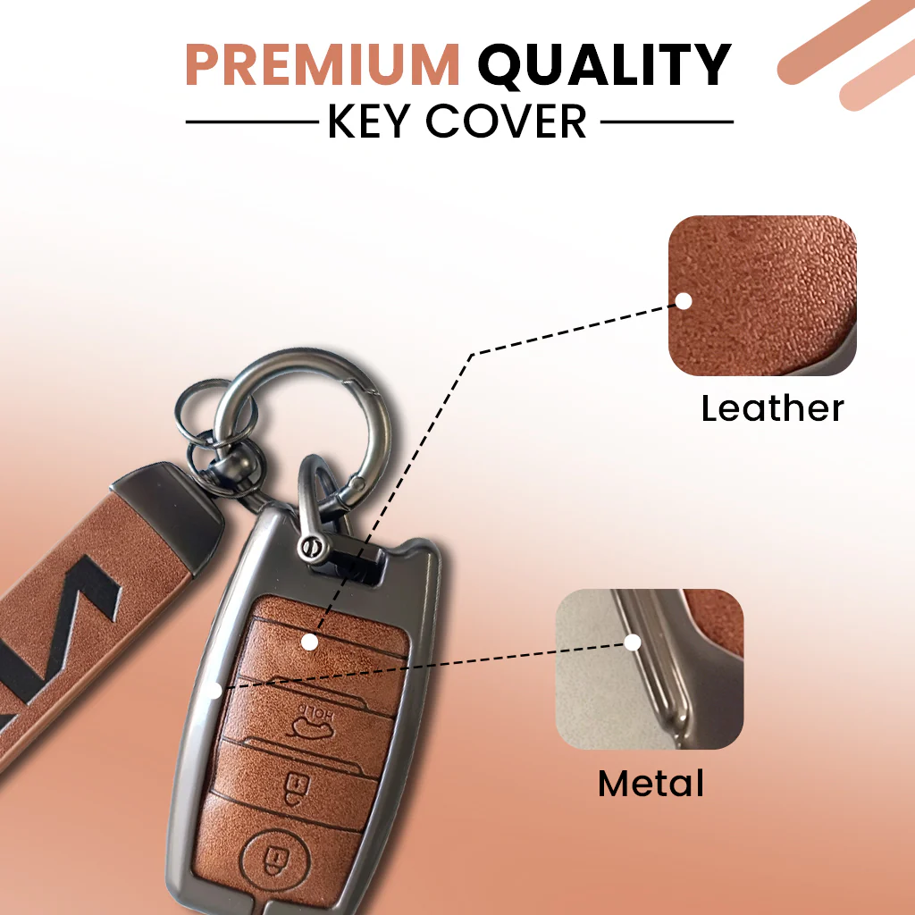 Metal Leather Car Key Cover Compatible With Seltos, Sonet, Carens | Push Start Key - Image 3