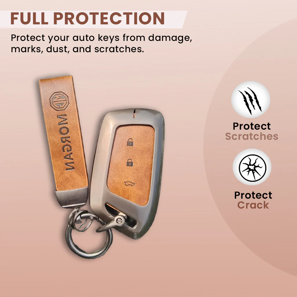 Metal Leather Car Key Cover For MG Hector | 3 Button Smart Key - Image 2