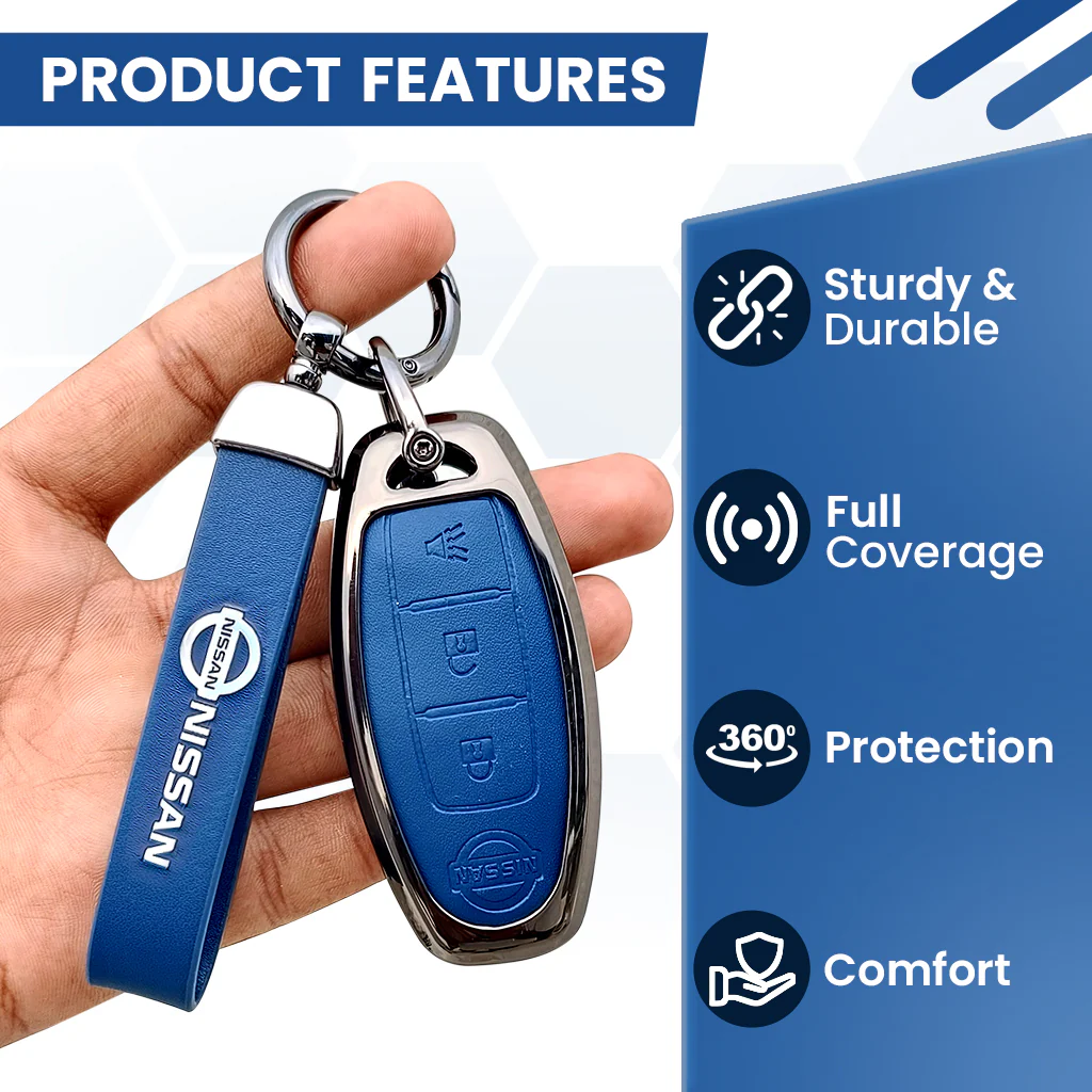 Metal Leather Car Key Cover For Nissan Magnite, Micra, Sunny, Teana 3 button smart key - Image 4