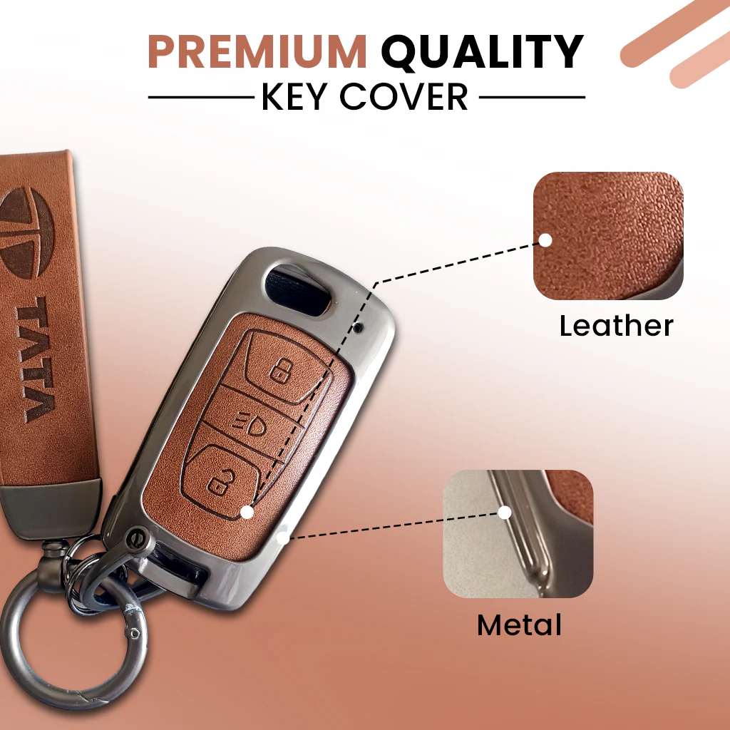 Metal Leather Car Key Cover For TATA Arai, Safari, Tiago, Zest, Bolt, Tigor, Hexa, Nexon, Harrier, Altroz, Punch | 3 Button Flip Key - Image 4