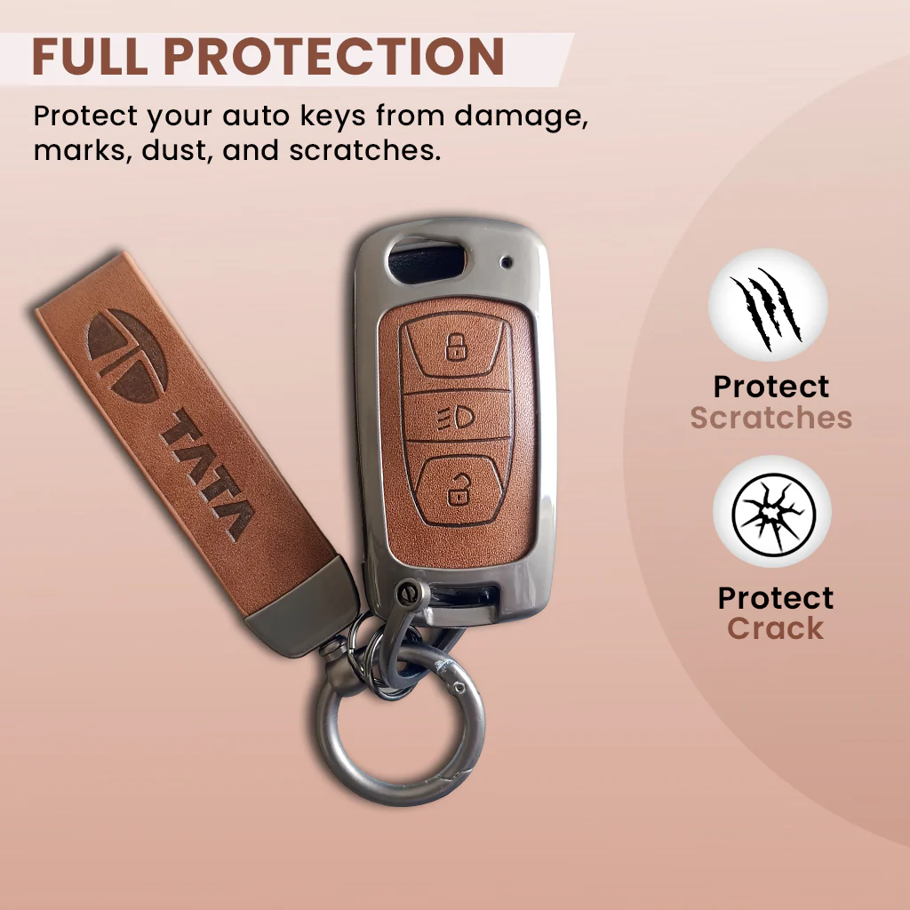 Metal Leather Car Key Cover For TATA Arai, Safari, Tiago, Zest, Bolt, Tigor, Hexa, Nexon, Harrier, Altroz, Punch | 3 Button Flip Key - Image 2