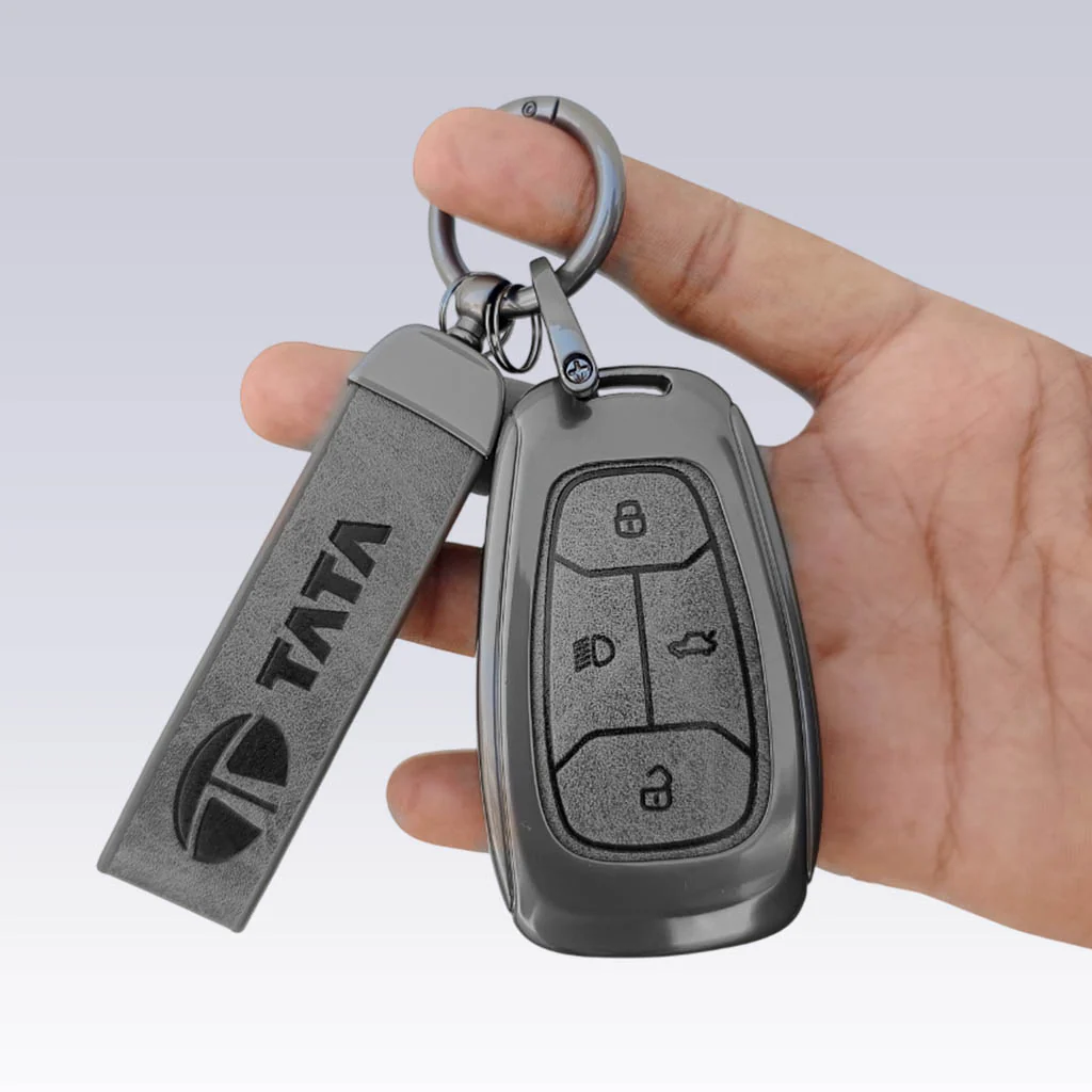 Metal Leather Car Key Cover For TATA Punch, Tiago, Altroz, Nexon, Harrier, Safari, EV, Sierra | 4 Button Smart Key