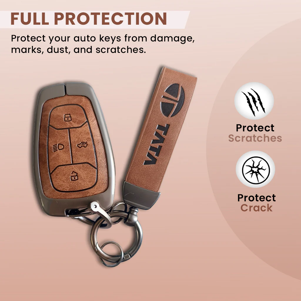 Metal Leather Car Key Cover For TATA Punch, Tiago, Altroz, Nexon, Harrier, Safari, EV, Sierra | 4 Button Smart Key - Image 3