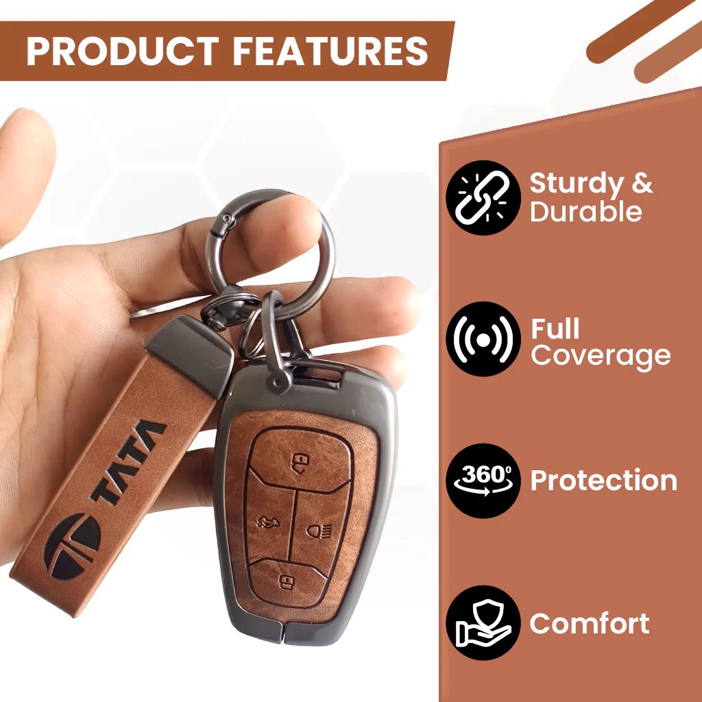 Metal Leather Car Key Cover For TATA Punch, Tiago, Altroz, Nexon, Harrier, Safari, EV, Sierra | 4 Button Smart Key - Image 6