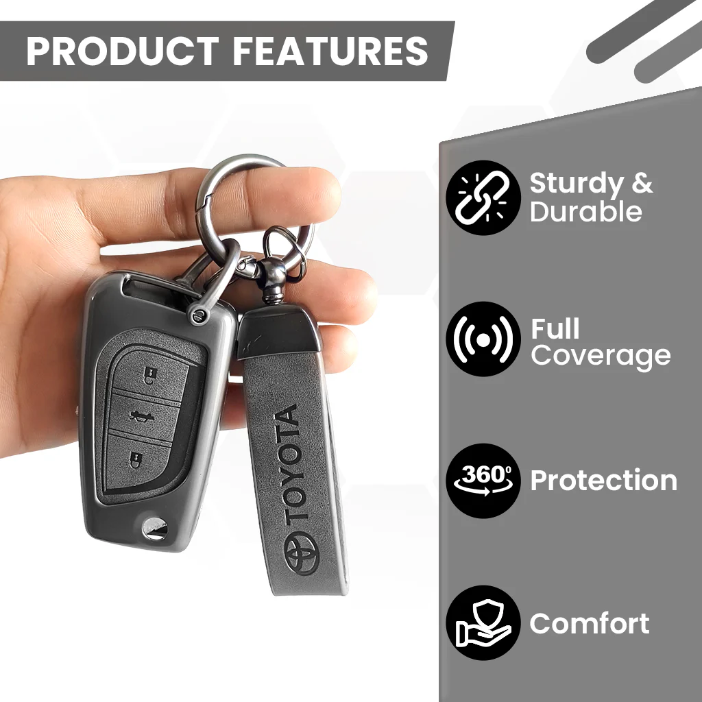 Metal Leather Car Key Cover For Toyota Corolla Altis, Innova Crysta | 3 Button Flip Key - Image 5