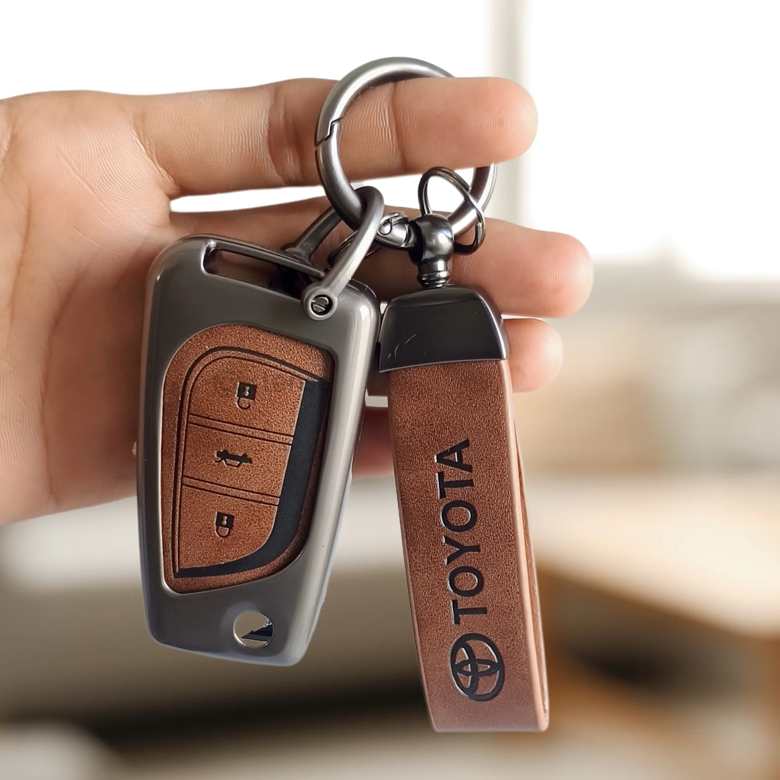 Metal Leather Car Key Cover For Toyota Corolla Altis, Innova Crysta | 3 Button Flip Key