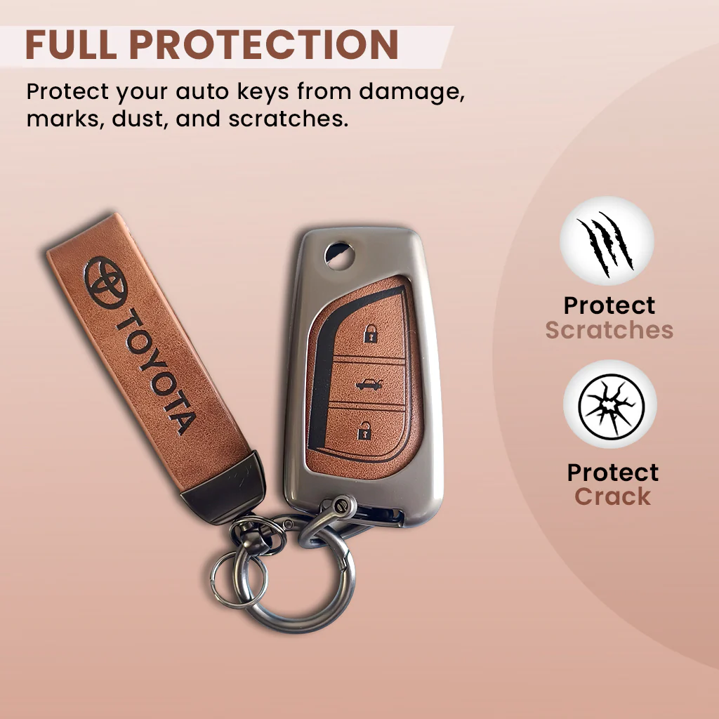 Metal Leather Car Key Cover For Toyota Corolla Altis, Innova Crysta | 3 Button Flip Key - Image 3