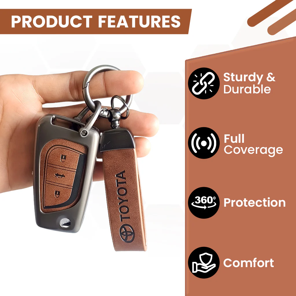 Metal Leather Car Key Cover For Toyota Corolla Altis, Innova Crysta | 3 Button Flip Key - Image 5