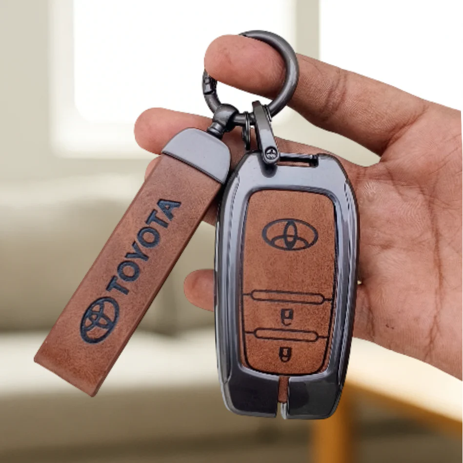 Metal Leather Car Key Cover For Toyota Fortuner, Hilux, Innova Crysta, Legender, Innova HyCross, Land Cruiser | 2 Button Type M1 Push Start Smart Key