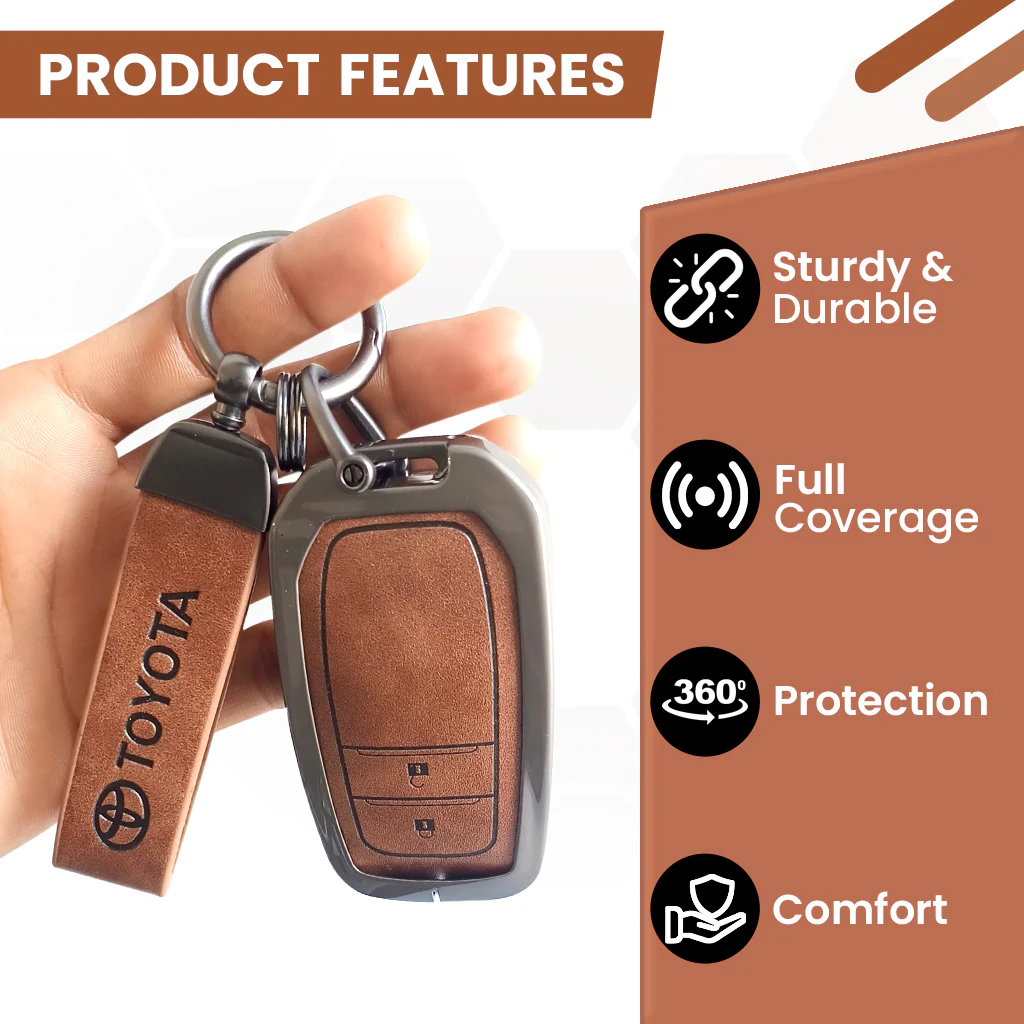 Metal Leather Car Key Cover For Toyota Fortuner, Hilux, Innova Crysta, Legender, Innova HyCross, Land Cruiser | 2 Button Type M1 Push Start Smart Key - Image 5
