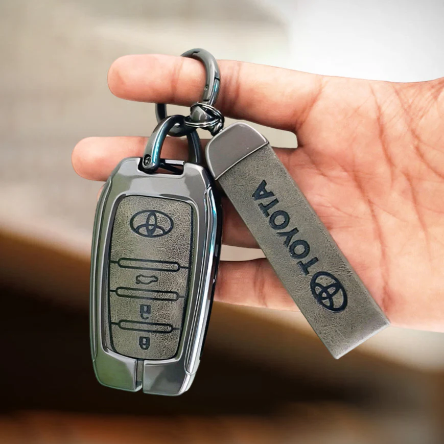 Metal Leather Car Key Cover For Toyota Fortuner, Hilux, Innova Crysta, Legender, Innova HyCross, Land Cruiser | 3 Button Type M1 Push Start Smart Key